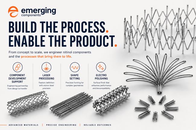 Emerging Components capabilities: component development support, laser processing, shape setting, and electropolishing